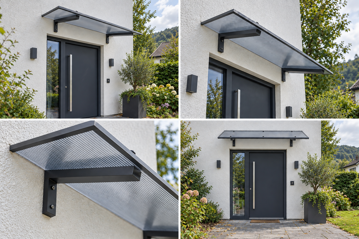 Pultvordach Bielefeld 150 × 98 cm – 16 mm Polycarbonat Zebra Klar/Anthrazit